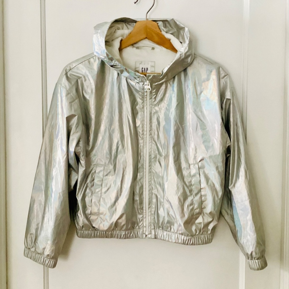 GAP girls silver windbreaker jacket Size L 10-11 Holographic hooded lightweight - Picture 12 of 12
